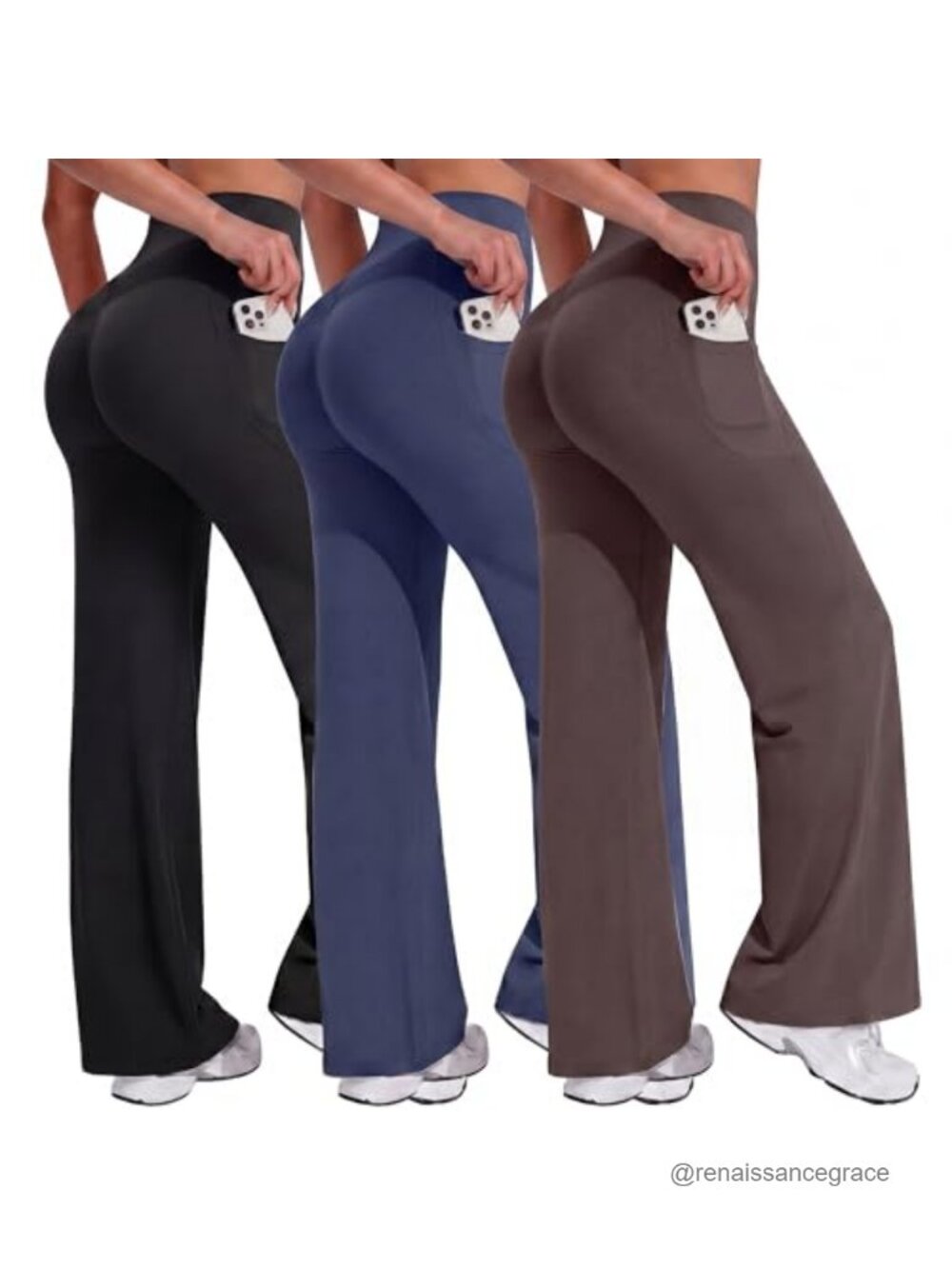 3 Pack Women's High Waist Wide Leg Workout Leggings with Pockets - Nylon Blend